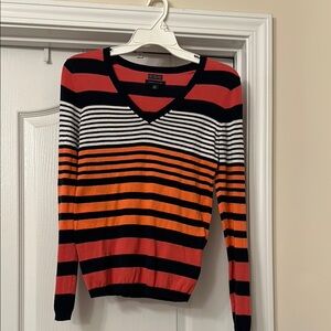 Tommy Hilfiger Women's V-Neck Sweater - Black, White, Orange, Red Stripes